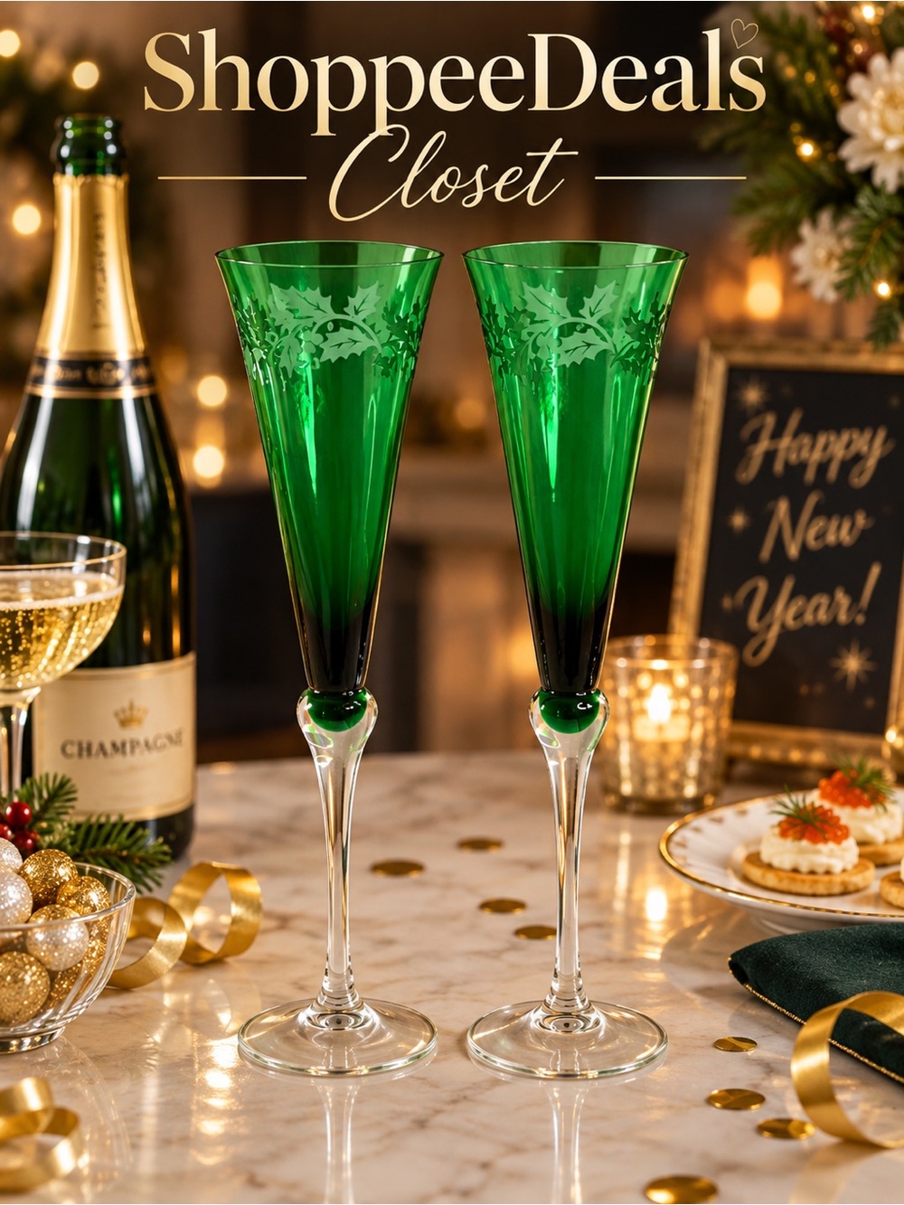 Lenox Holiday Gems Emerald Green Champagne Flutes Holly Crystal Set of 2